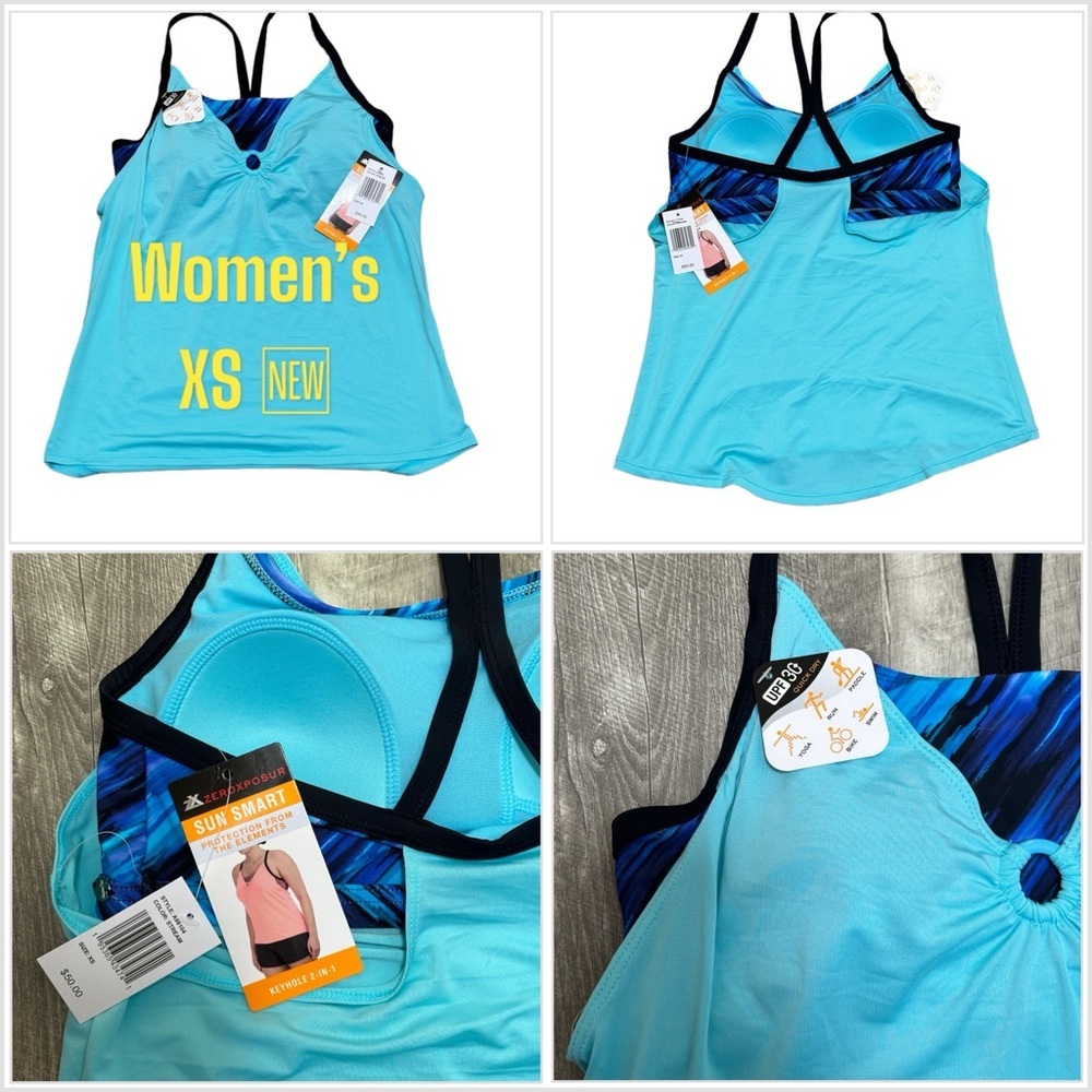 Women’s Zeroxposur XS Tankini Ruched Padded Swim Swimwear Tank Top turquoise NWT